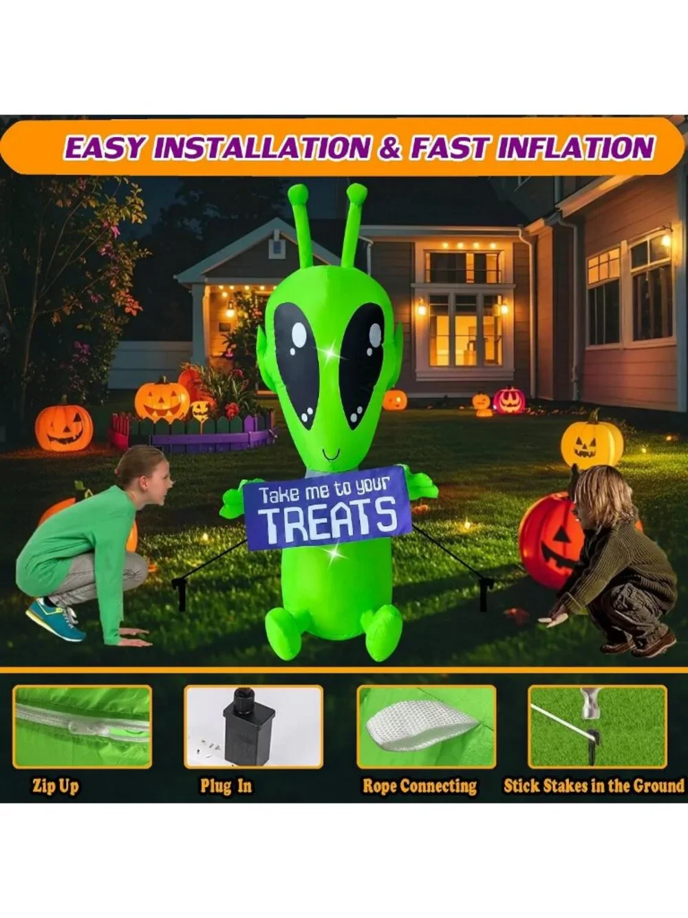 4FT Halloween Inflatable Alien with LED Lights - Fun Yard & Indoor Decor